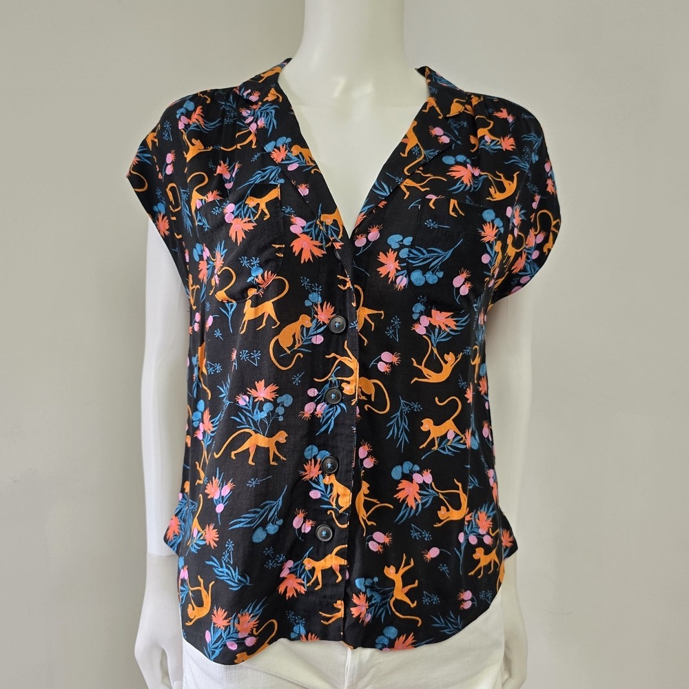 Maeve Anthropologie Shirt Size XSP XS Petite Black Jungle Monkey Print Button Up
